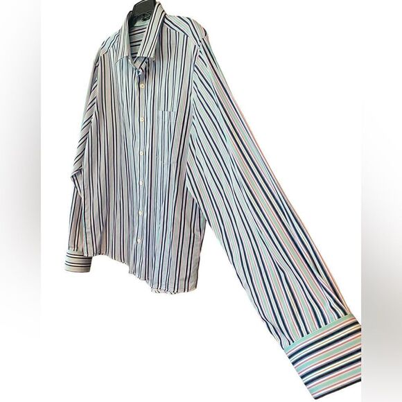 Bugatchi Sz XL* Seafoam Green Navy Blue Stripes Plaid Flip Cuffs Dress Shirt - Picture 5 of 7